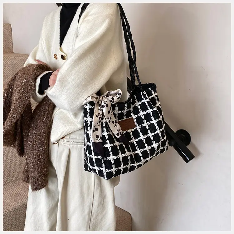 Black Plaid Shoulder Tote with Bow Decor — feature 8