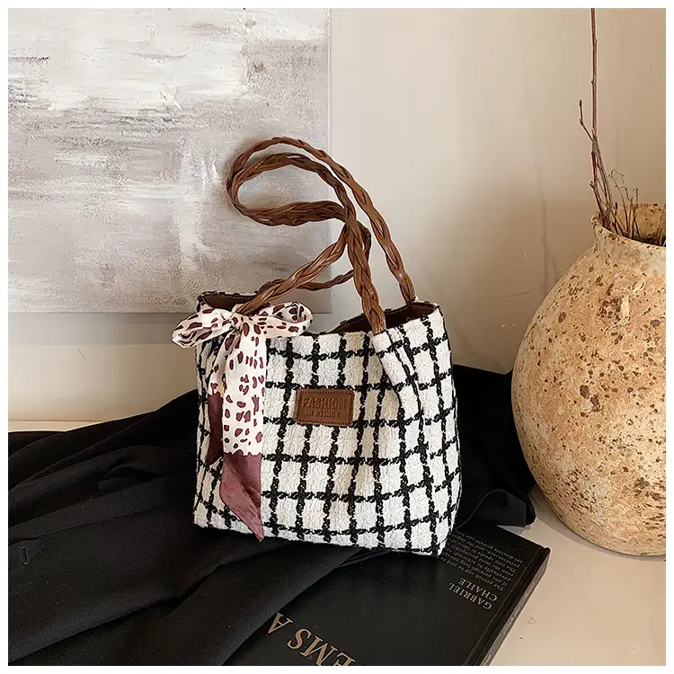 Black Plaid Shoulder Tote with Bow Decor