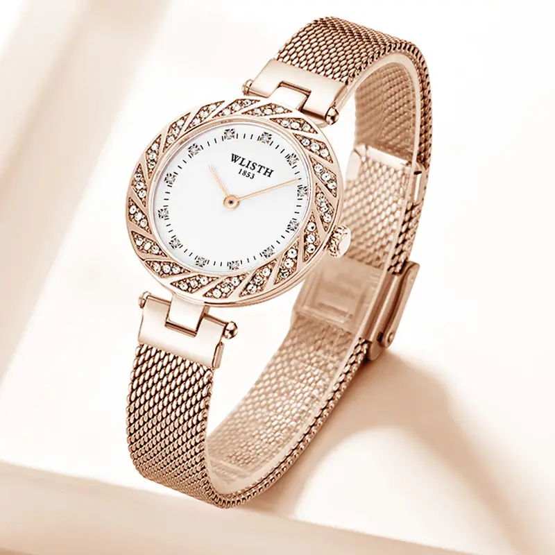 Ladies Mesh Quartz Watch Rose Gold Diamond Band