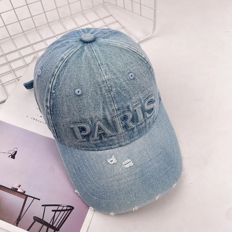 Women Paris Print Wash Denim Cap Big Head Sunshade