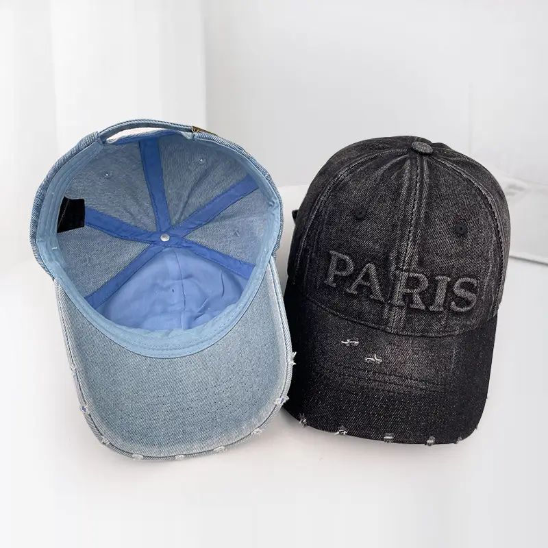 Women Paris Print Wash Denim Cap Big Head Sunshade