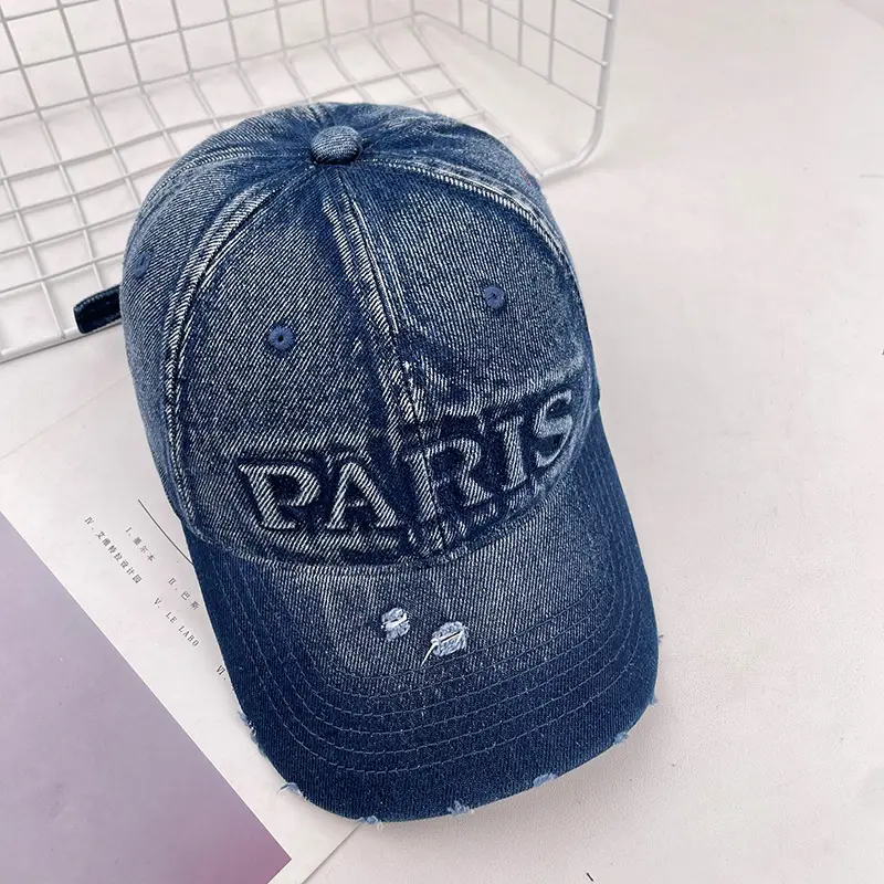 Women Paris Print Wash Denim Cap Big Head Sunshade