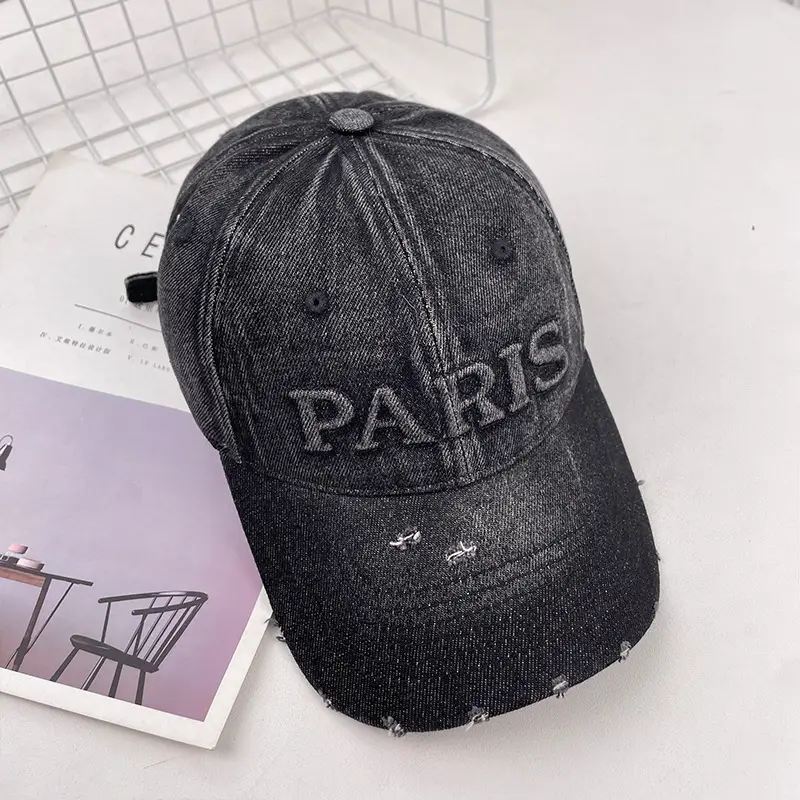 Women Paris Print Wash Denim Cap Big Head Sunshade