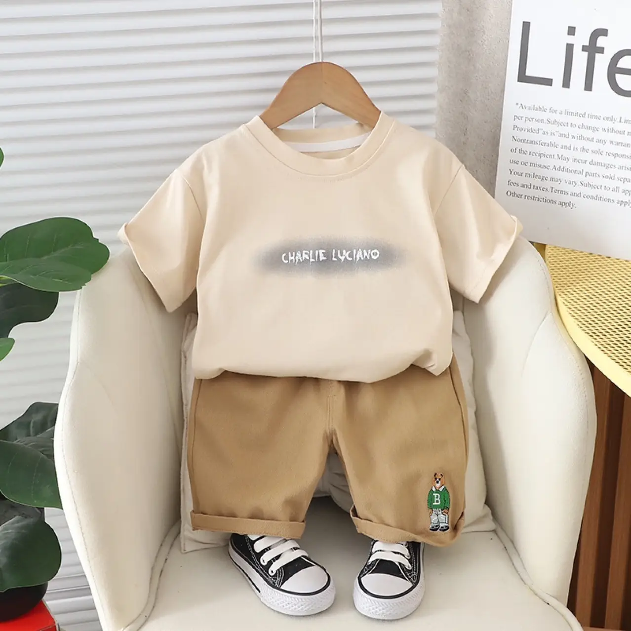 Children Cotton T-Shirt Shorts Set Beige Summer Casual