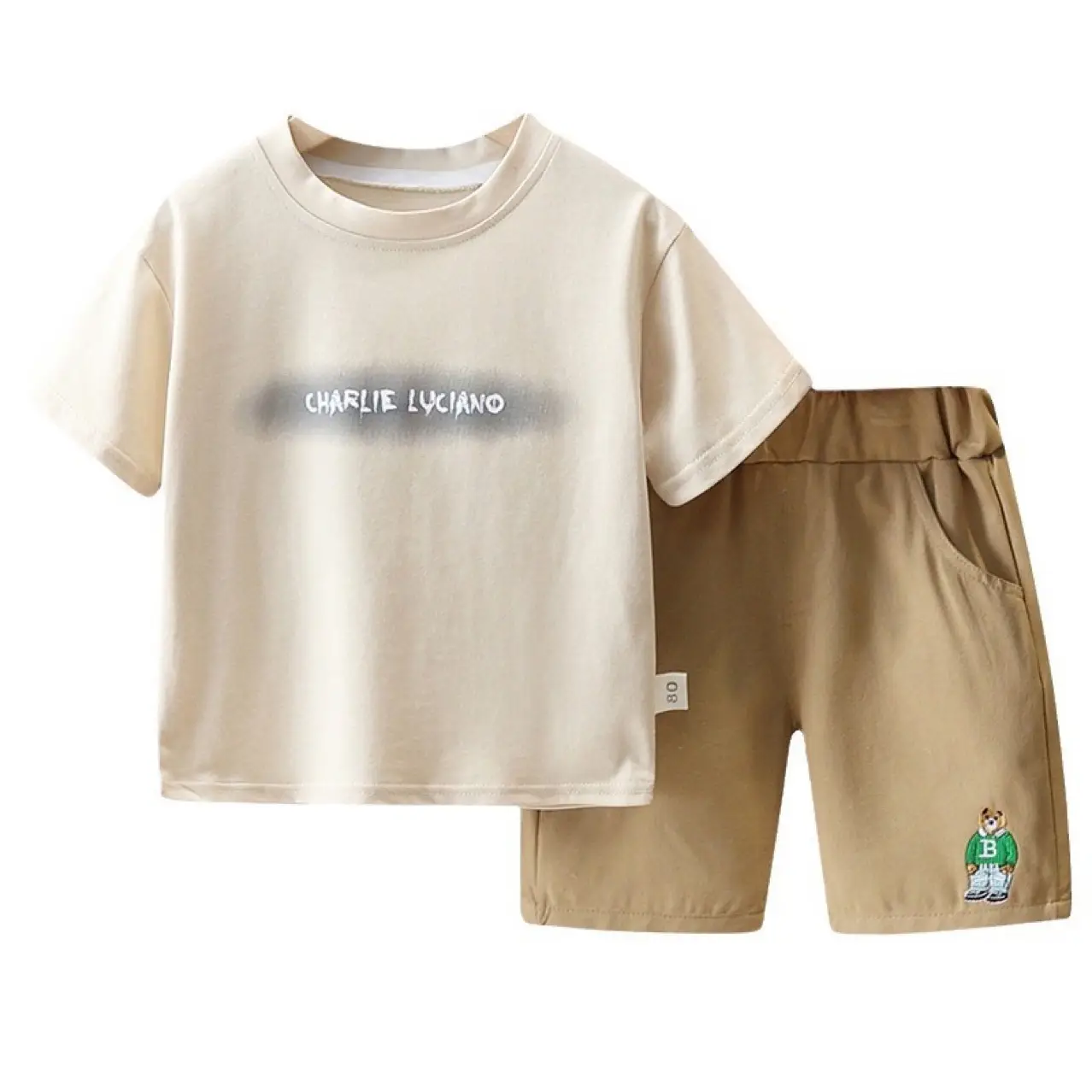 Children Cotton T-Shirt Shorts Set Beige Summer Casual