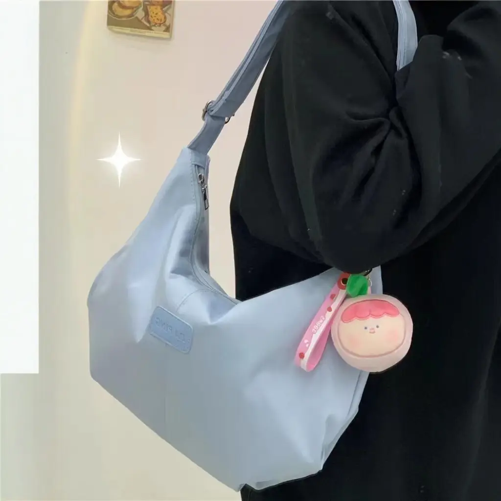 Women's Light Blue Faux Leather Shoulder Bag with Cute Charm - Image 11