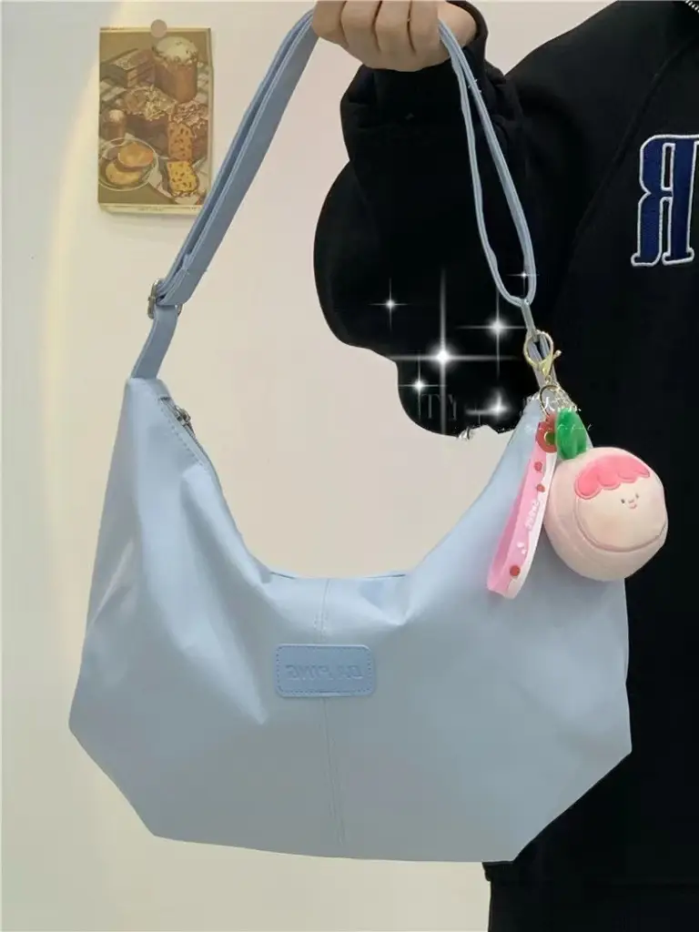Women's Light Blue Faux Leather Shoulder Bag with Cute Charm - Image 3