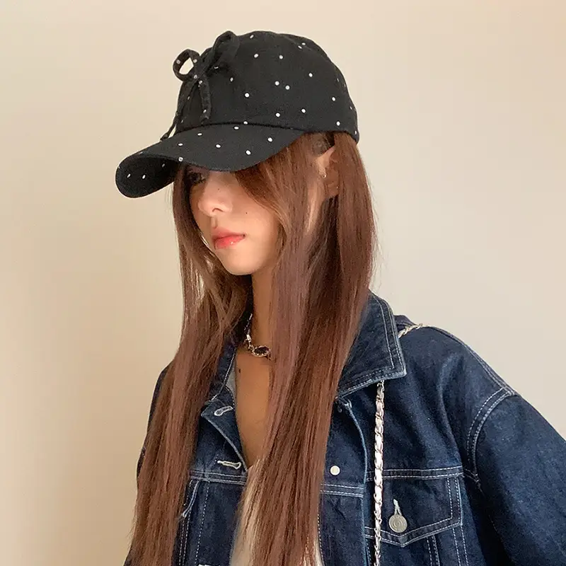 Women's White Polka Dot Bow Cap with Sunshade - Image 3