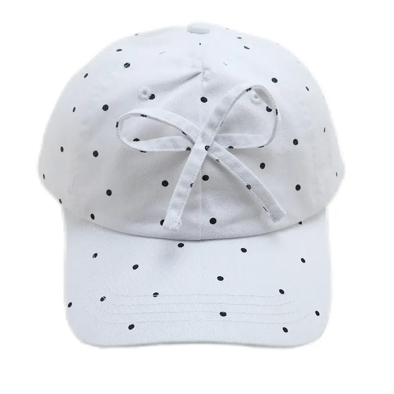 Women's White Polka Dot Bow Cap with Sunshade - Image 6