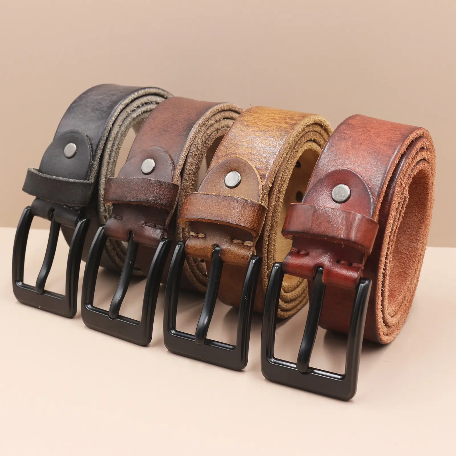 Men's Genuine Leather Pin Buckle Belt Brown Black - Image 6