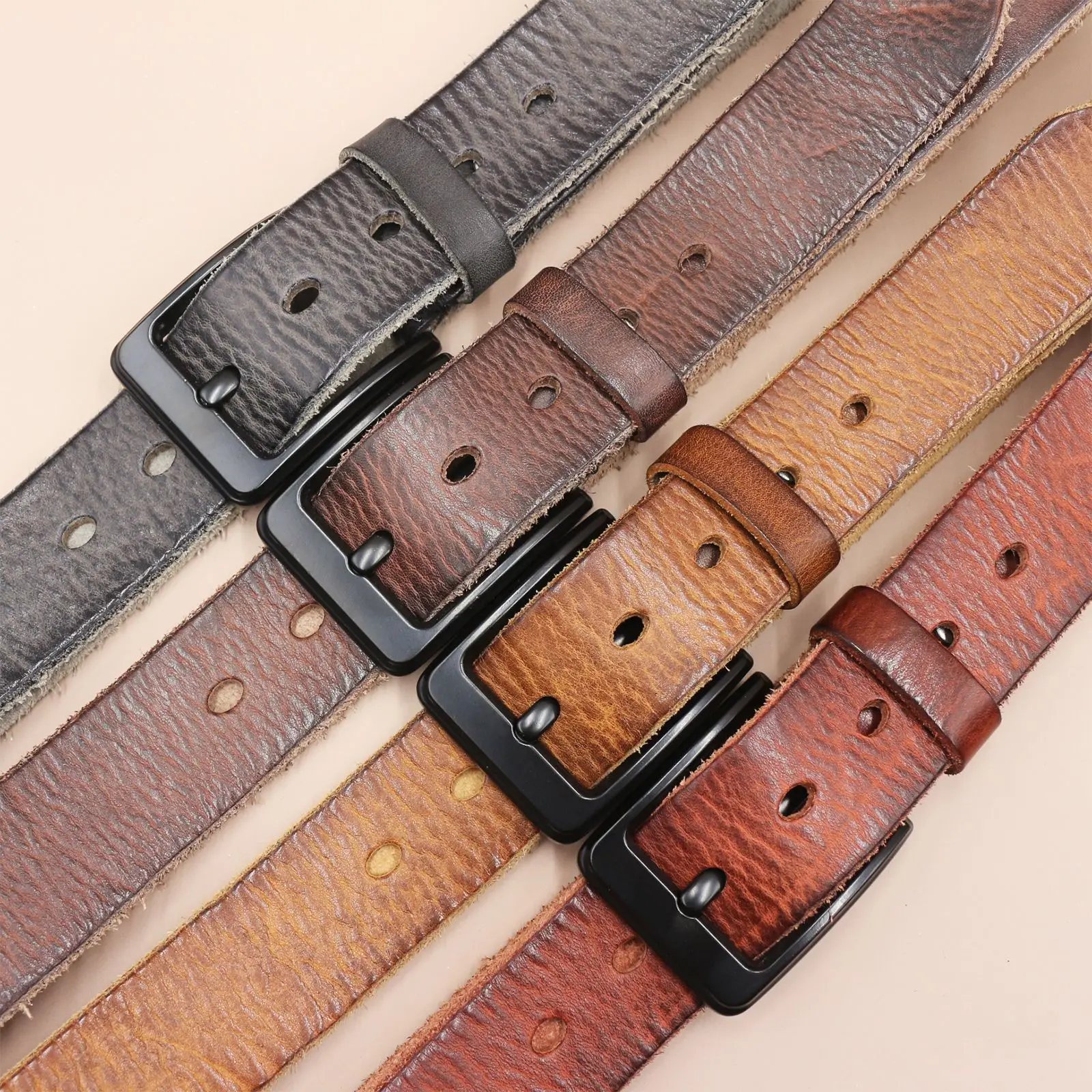 Men's Genuine Leather Pin Buckle Belt Brown Black - Image 9