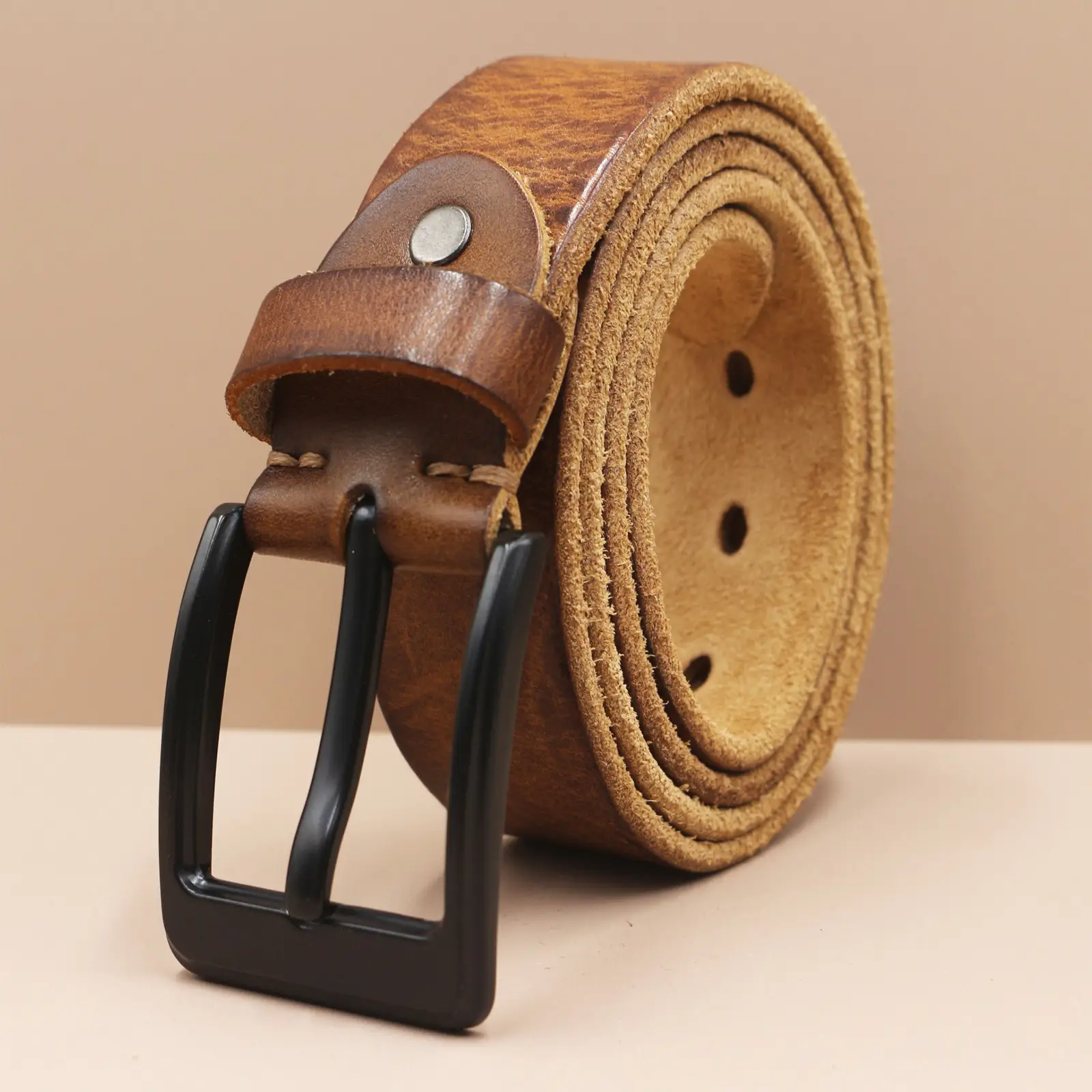 Men's Genuine Leather Pin Buckle Belt Brown Black — feature 10