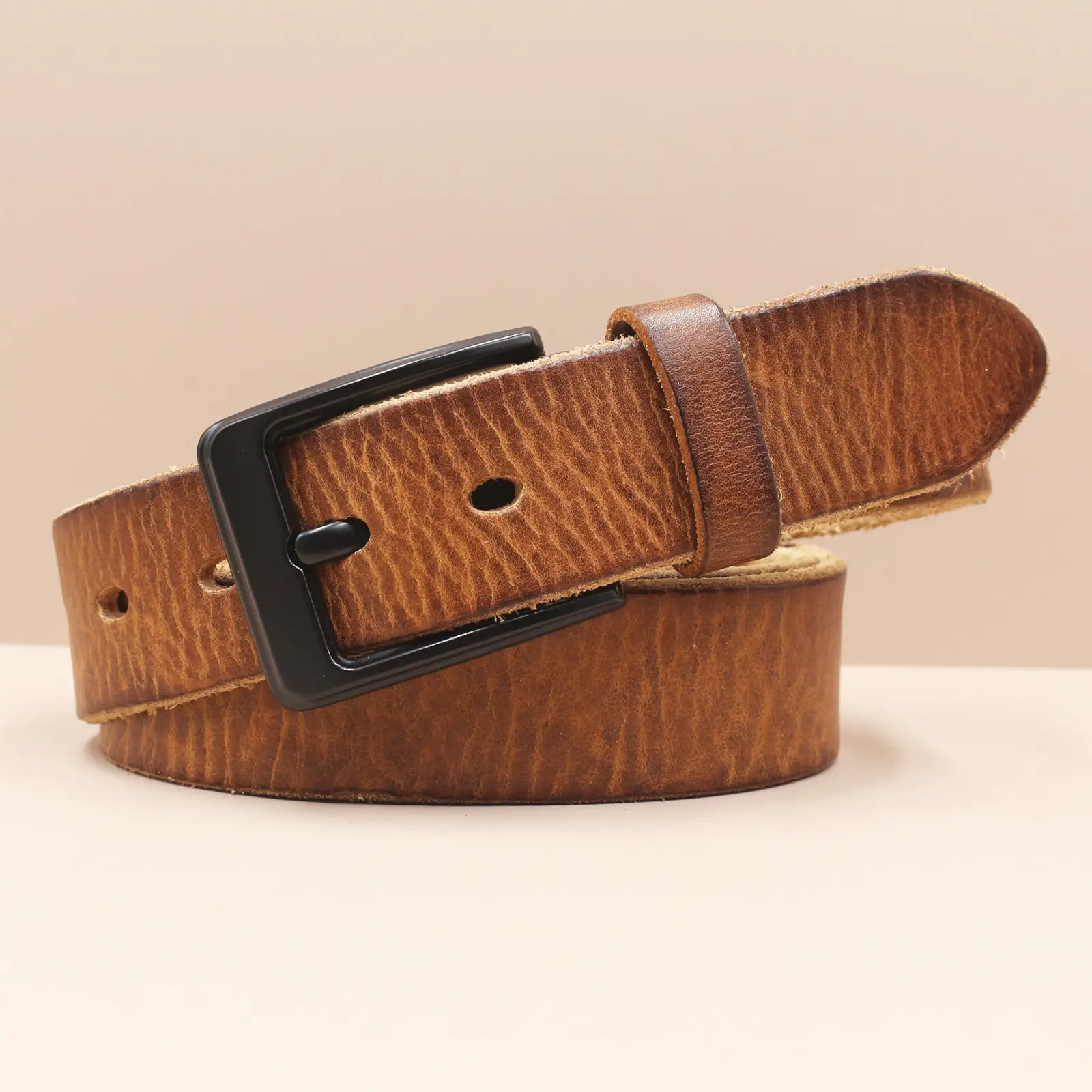 Men's Genuine Leather Pin Buckle Belt Brown Black — feature 14