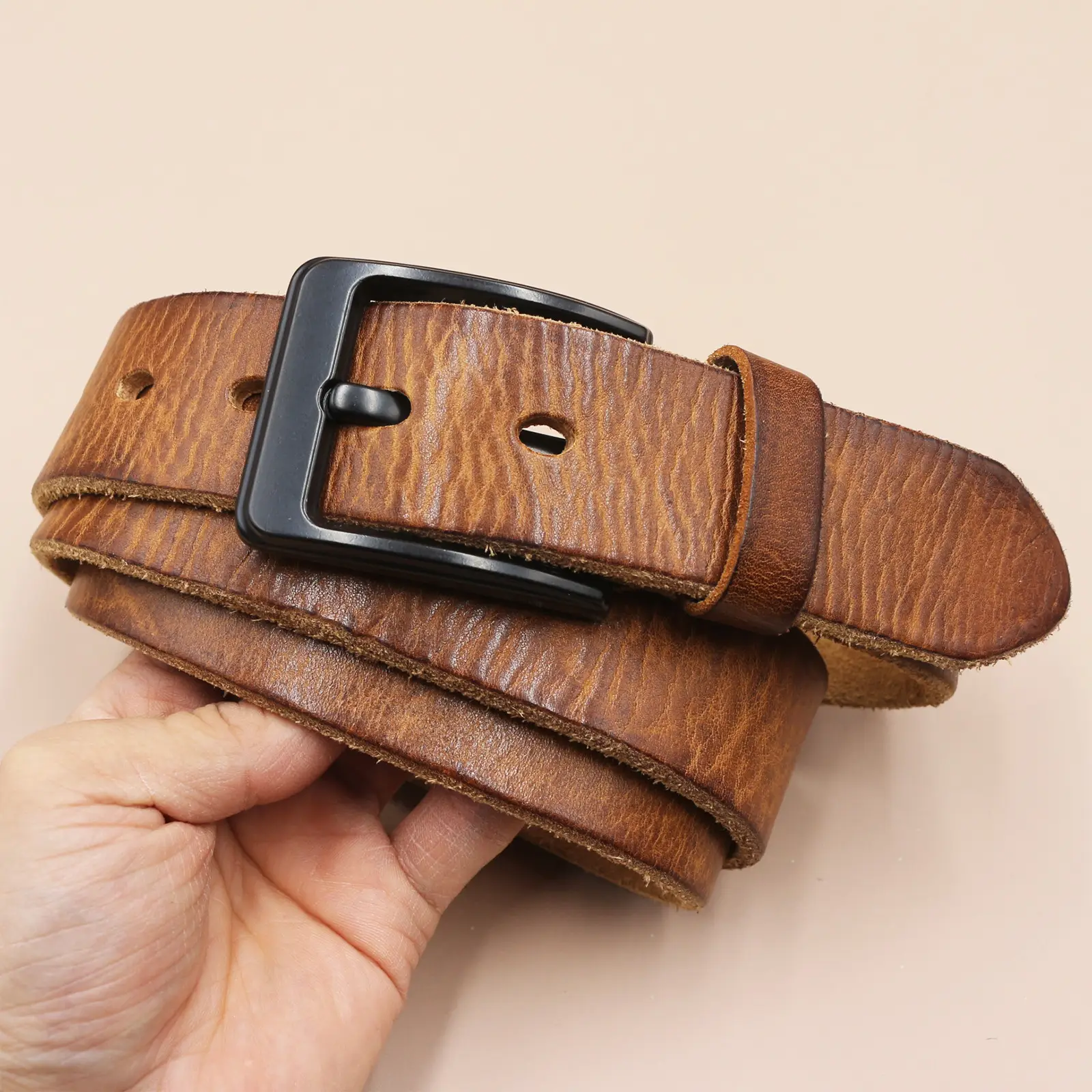 Men's Genuine Leather Pin Buckle Belt Brown Black — feature 15
