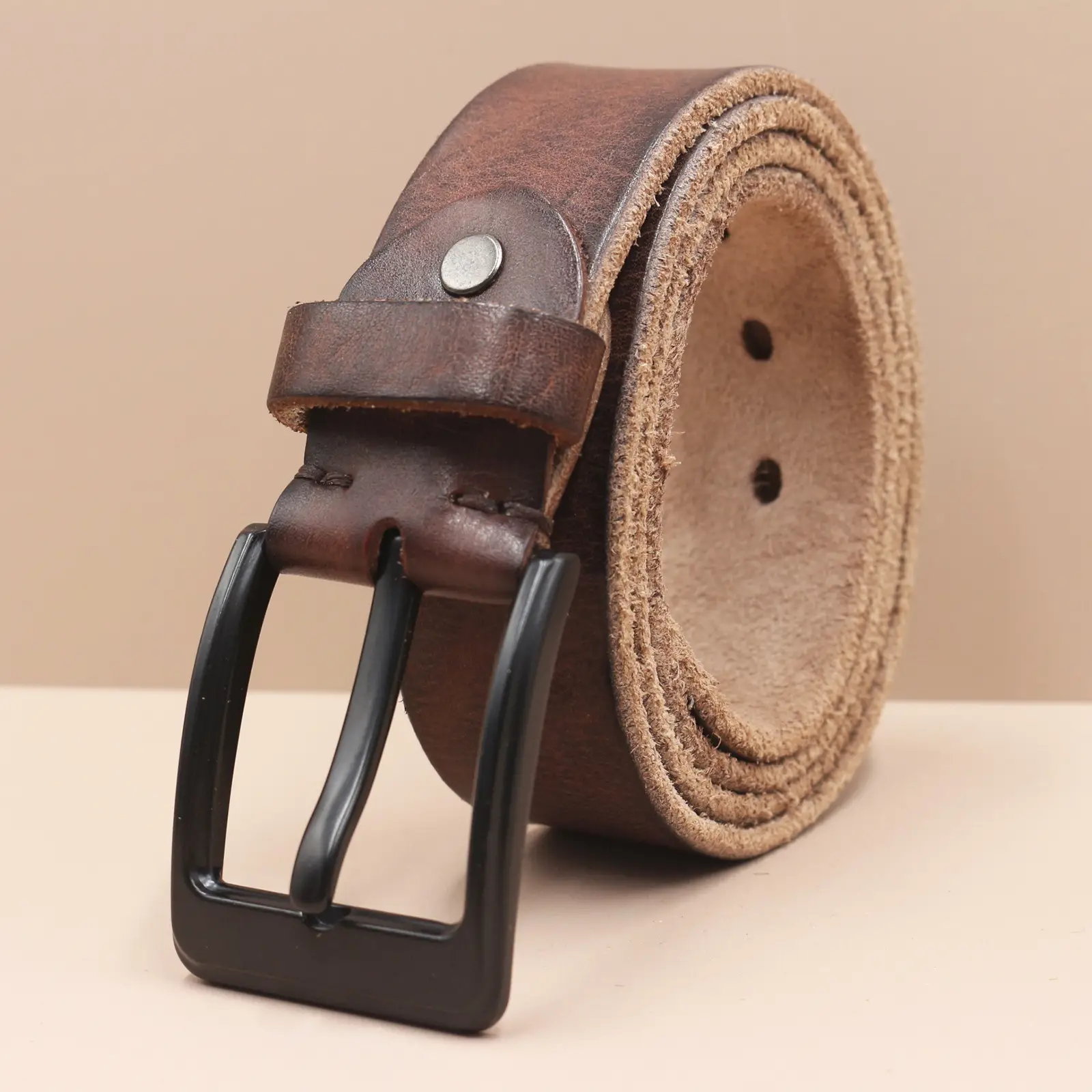 Men's Genuine Leather Pin Buckle Belt Brown Black — feature 16