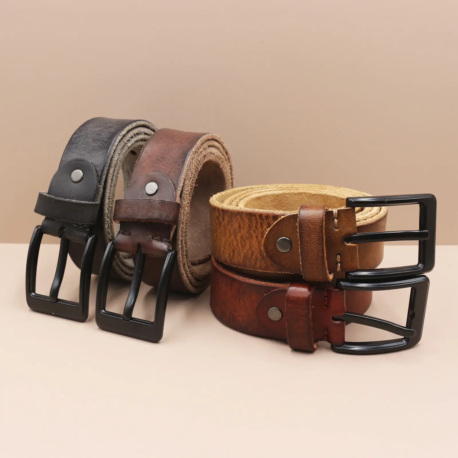 Men's Genuine Leather Pin Buckle Belt Brown Black — feature 2