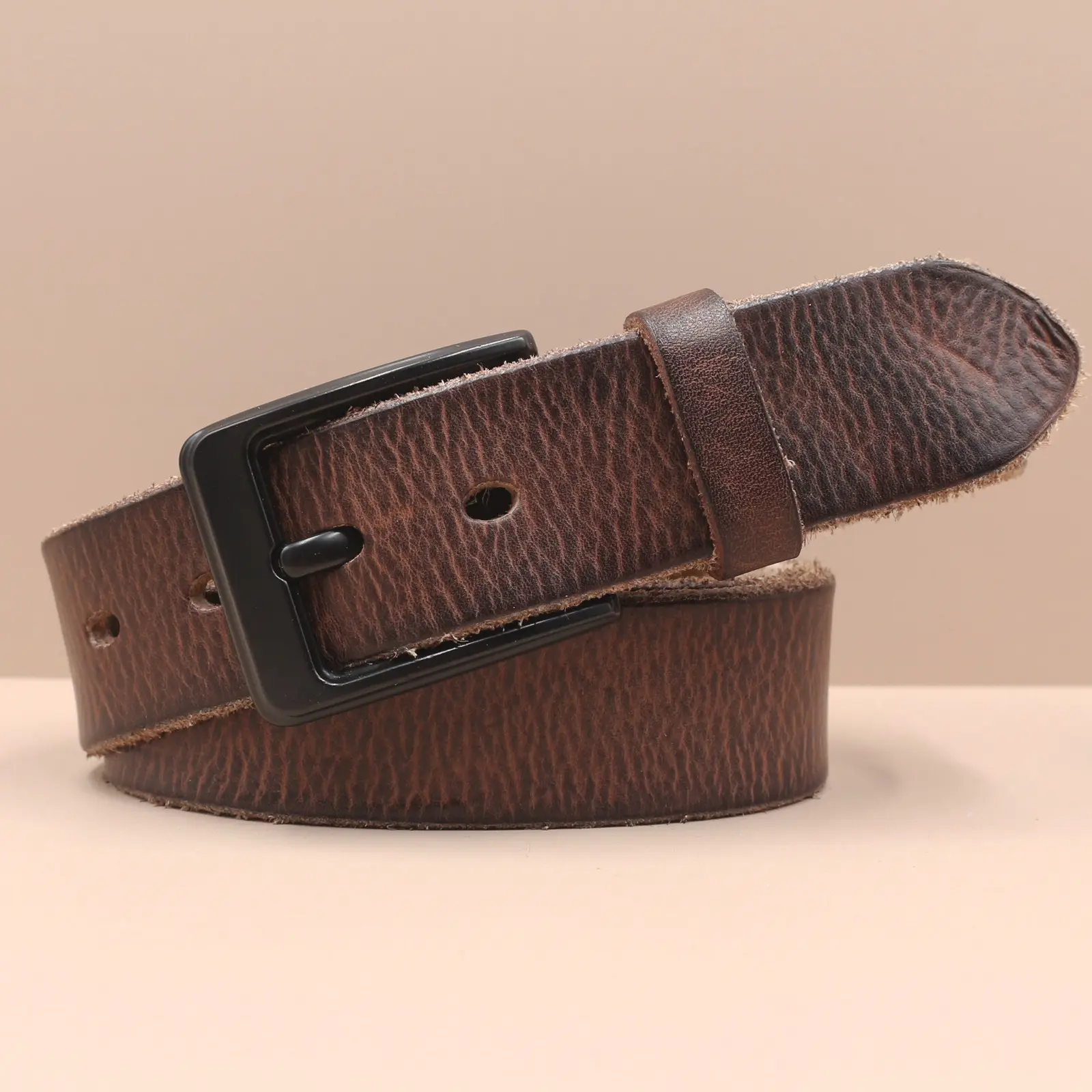 Men's Genuine Leather Pin Buckle Belt Brown Black — feature 20
