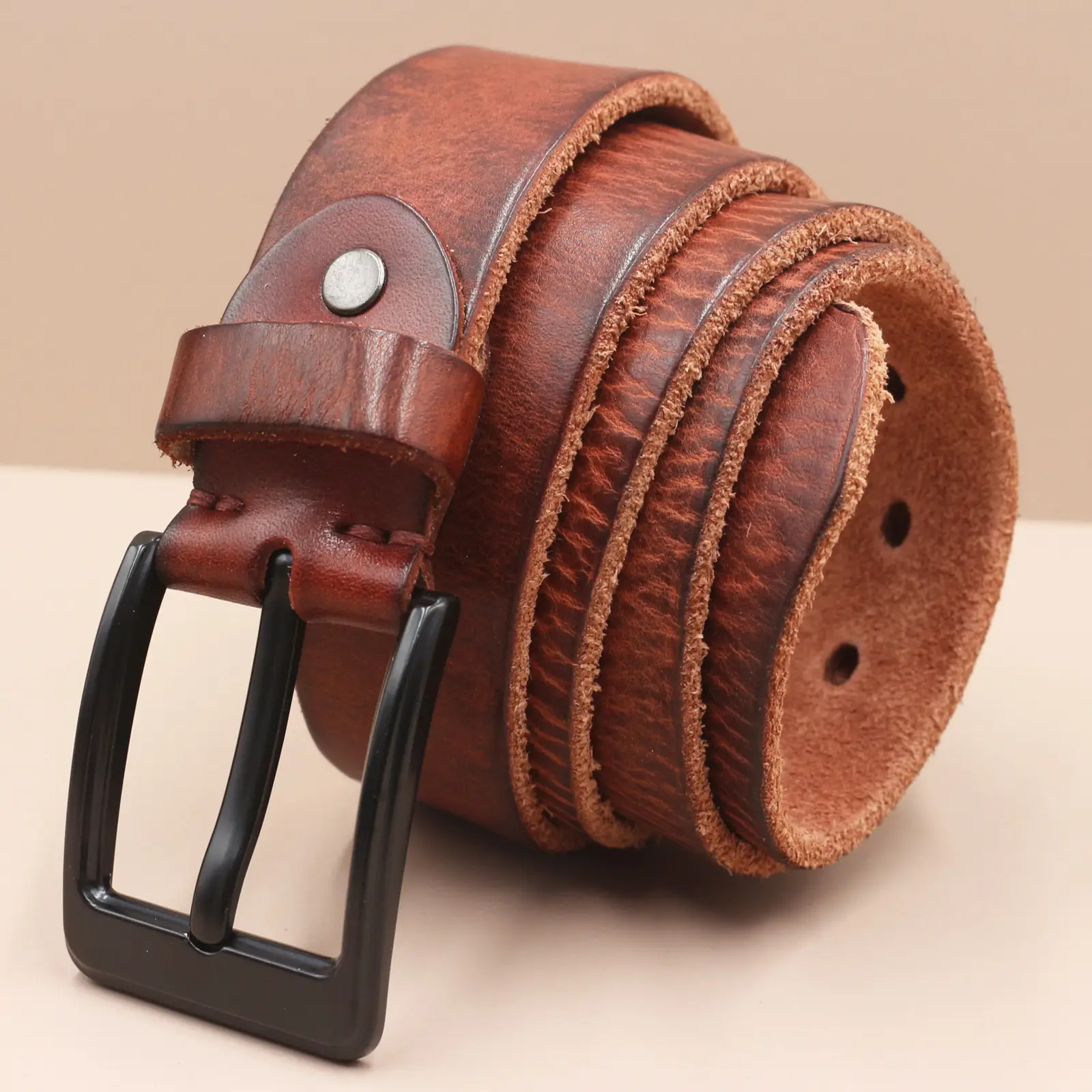 Men's Genuine Leather Pin Buckle Belt Brown Black — feature 5