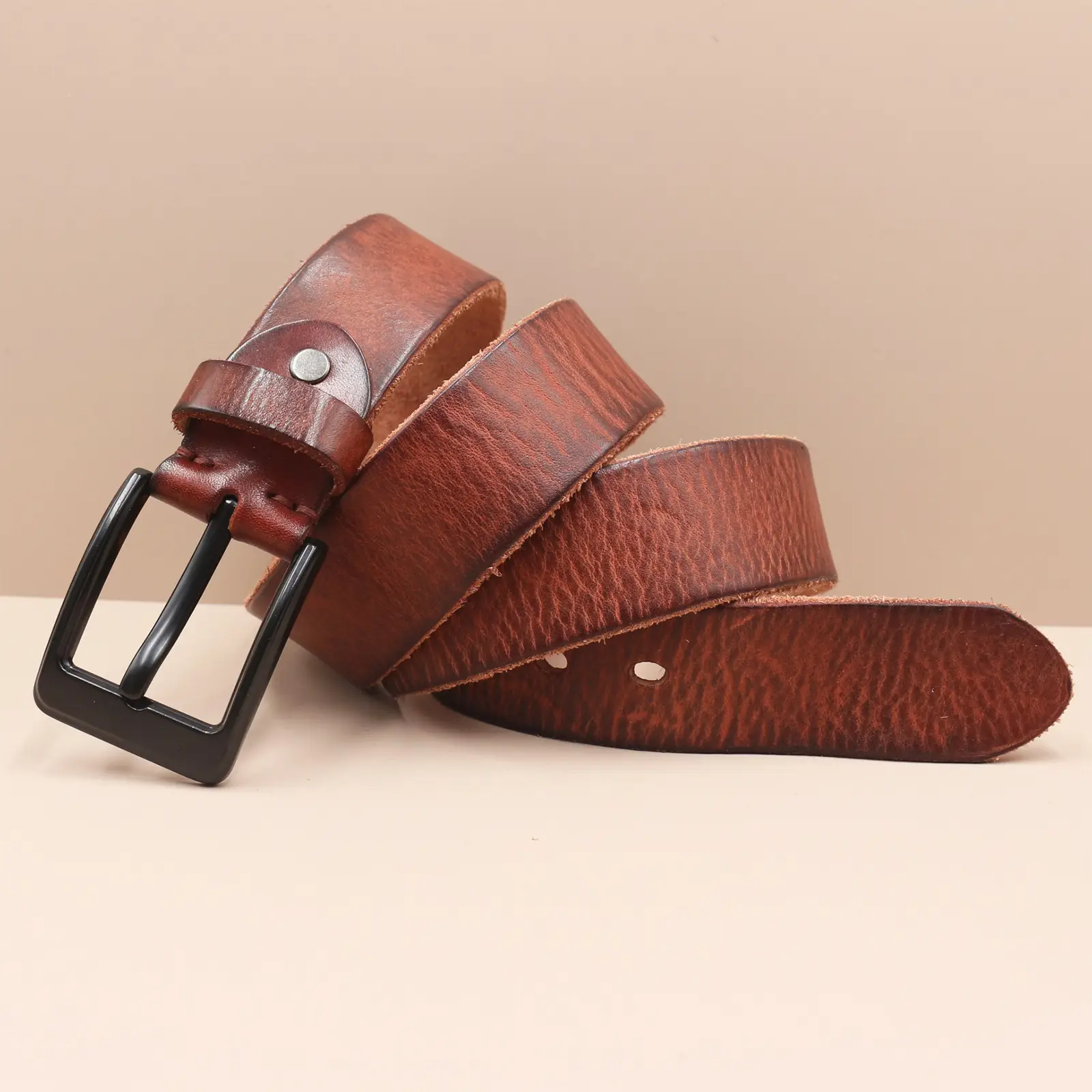 Men's Genuine Leather Pin Buckle Belt Brown Black — feature 6