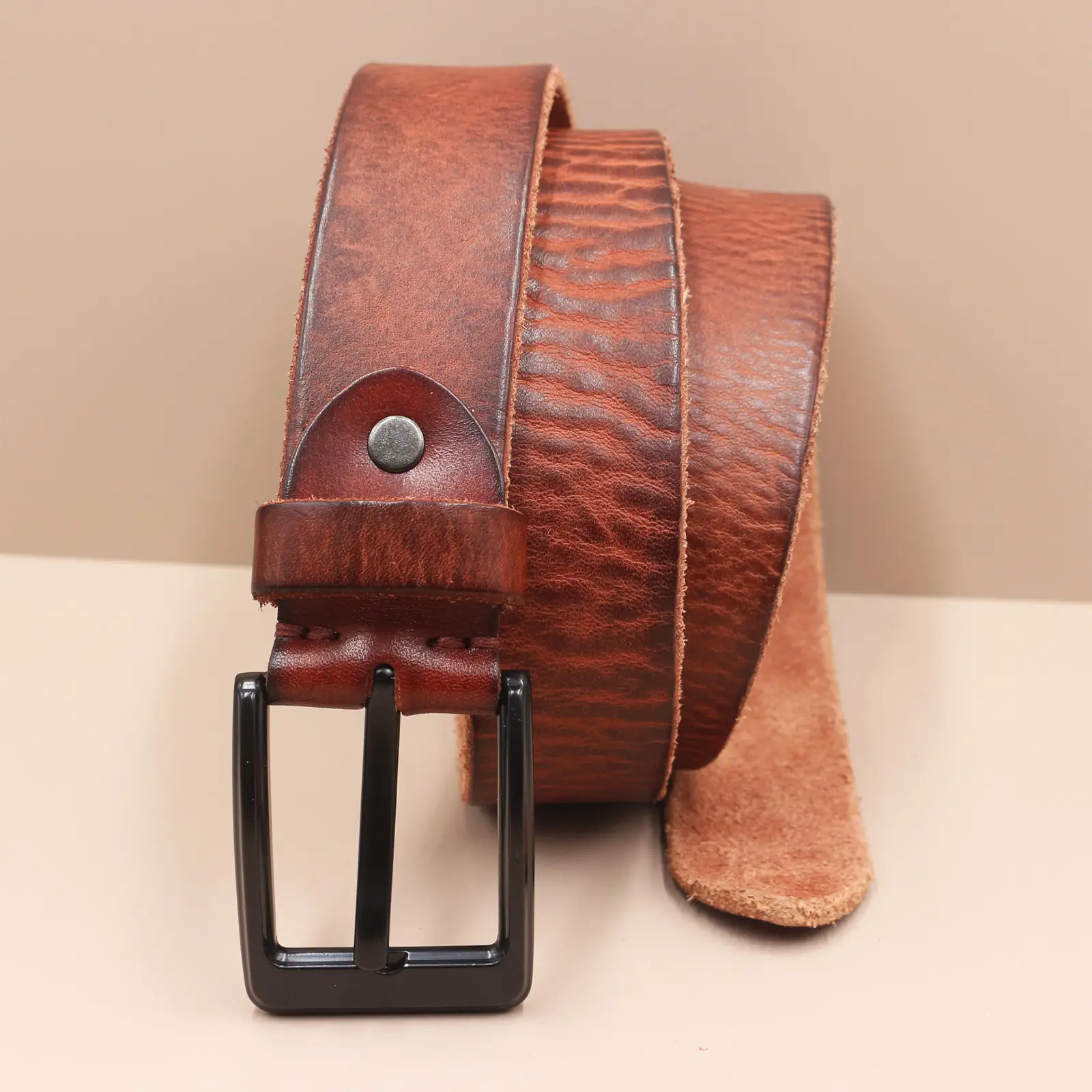 Men's Genuine Leather Pin Buckle Belt Brown Black — feature 7