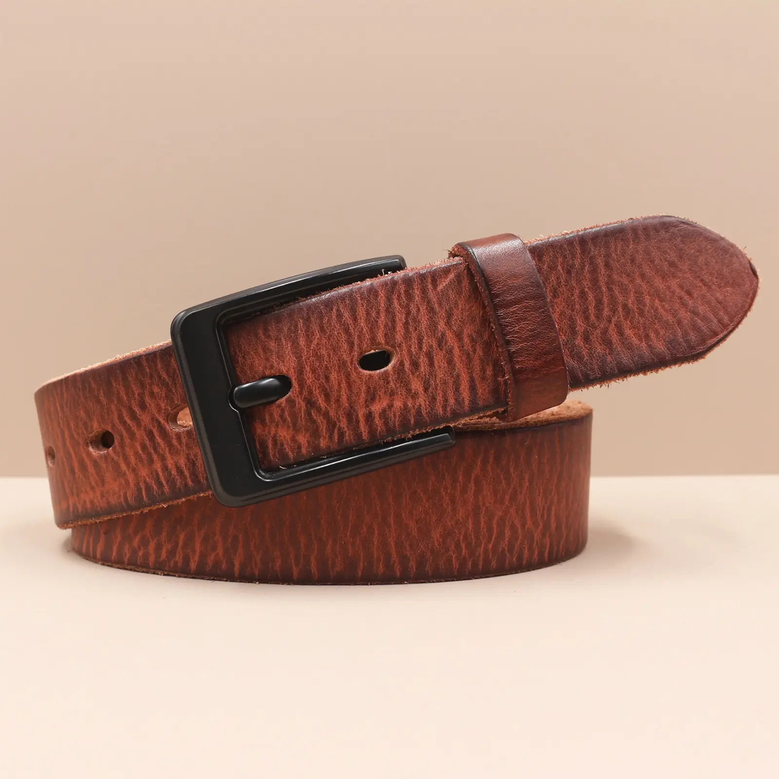 Men's Genuine Leather Pin Buckle Belt Brown Black — feature 8