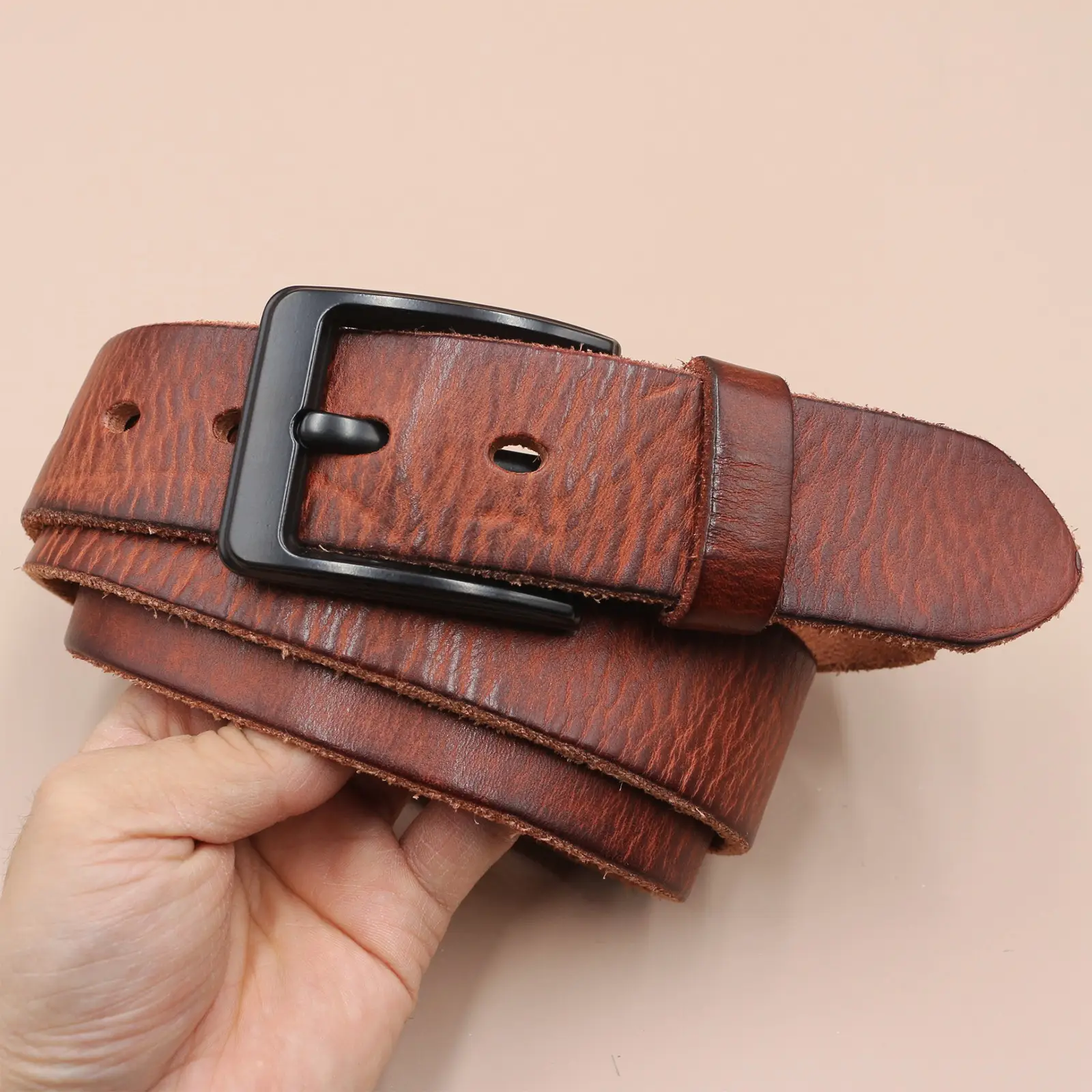 Men's Genuine Leather Pin Buckle Belt Brown Black — feature 9