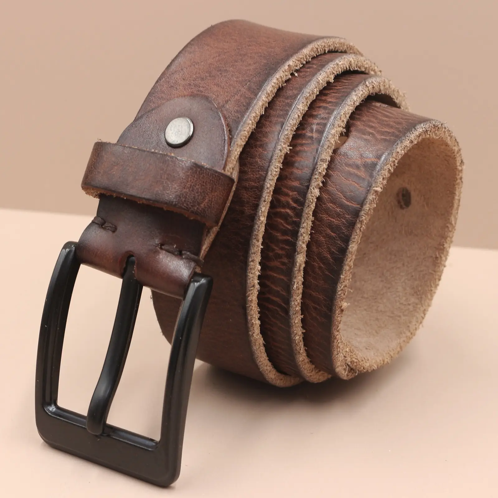 Men's Genuine Leather Pin Buckle Belt Brown Black - Image 2