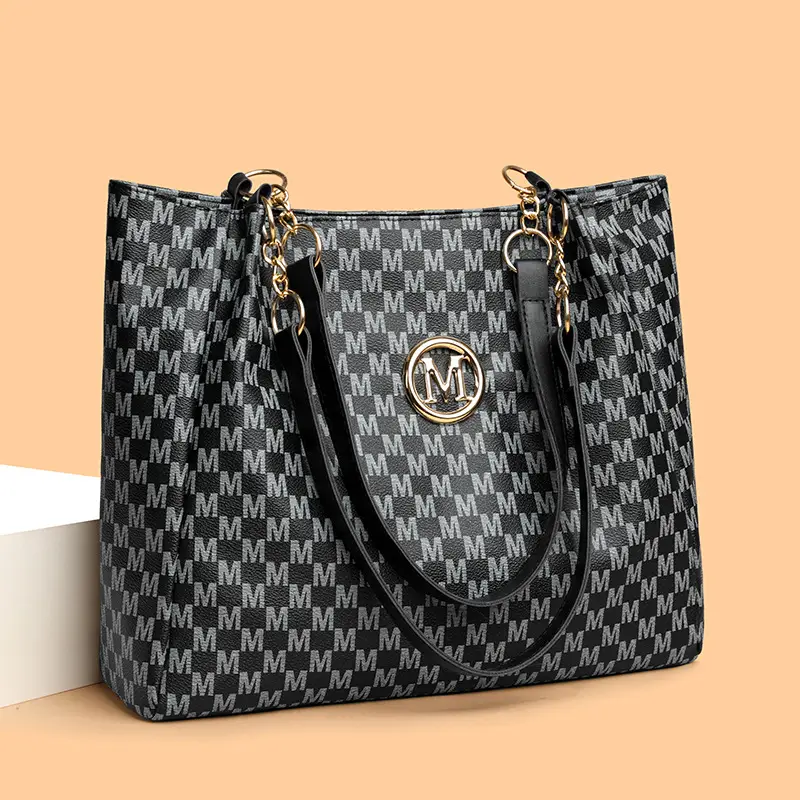 Women's Crossbody Tote Bag Brown Checkered Gold Chain - Image 5