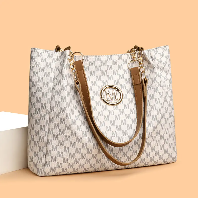 Women's Crossbody Tote Bag Brown Checkered Gold Chain - Image 6
