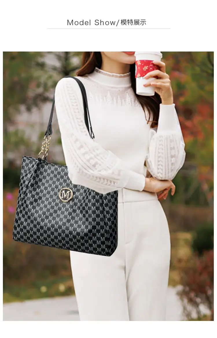Women's Crossbody Tote Bag Brown Checkered Gold Chain — feature 19