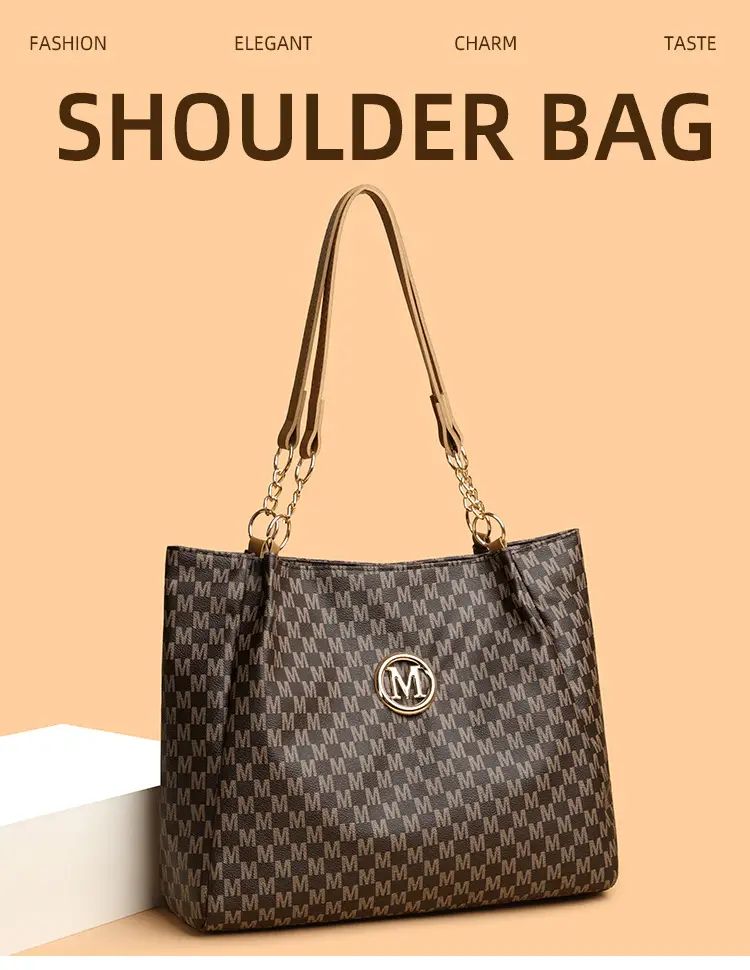 Women's Crossbody Tote Bag Brown Checkered Gold Chain — feature 2
