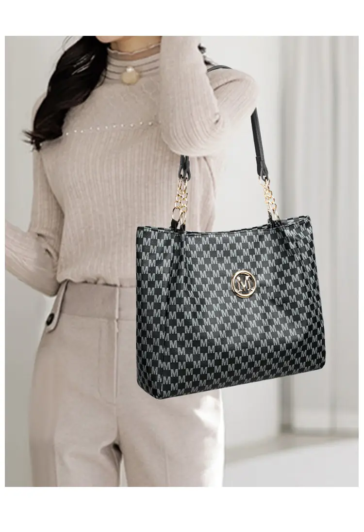 Women's Crossbody Tote Bag Brown Checkered Gold Chain — feature 22