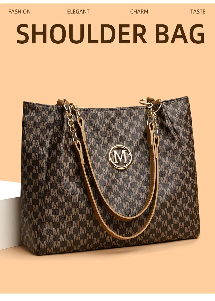 Women's Crossbody Tote Bag Brown Checkered Gold Chain — feature 5
