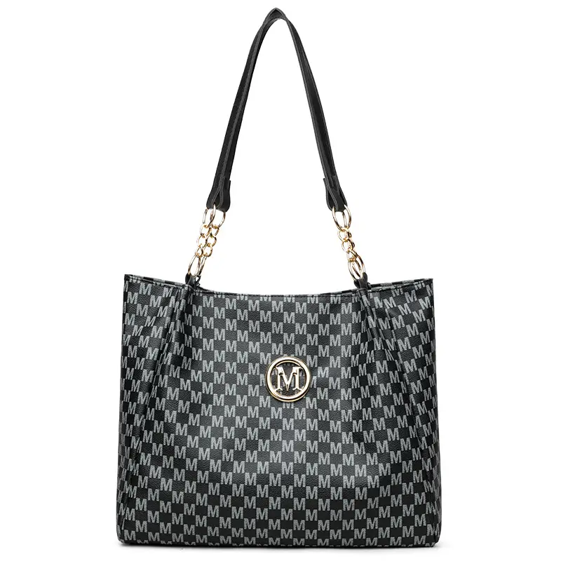 Women's Crossbody Tote Bag Brown Checkered Gold Chain - Image 2