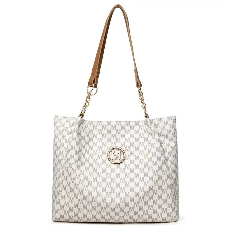 Women's Crossbody Tote Bag Brown Checkered Gold Chain - Image 3