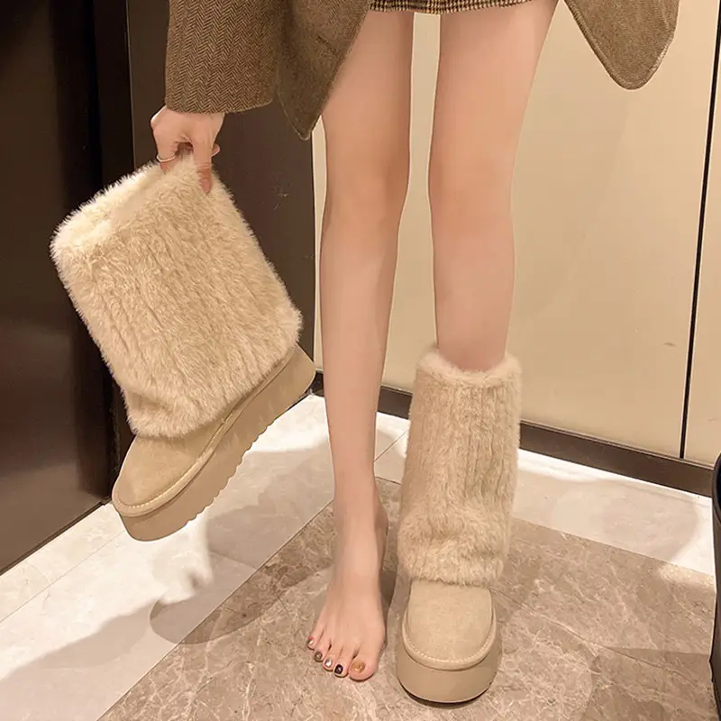 Women's Cream Plush Snow Boots Warm Short Tube Heigh-Increasing - Image 6