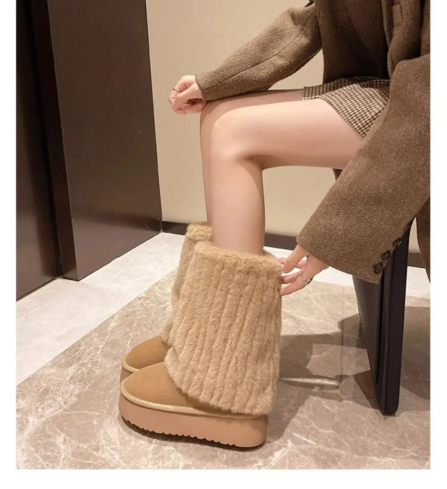 Women's Cream Plush Snow Boots Warm Short Tube Heigh-Increasing — feature 13