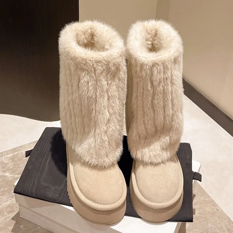Women's Cream Plush Snow Boots Warm Short Tube Heigh-Increasing - Image 2