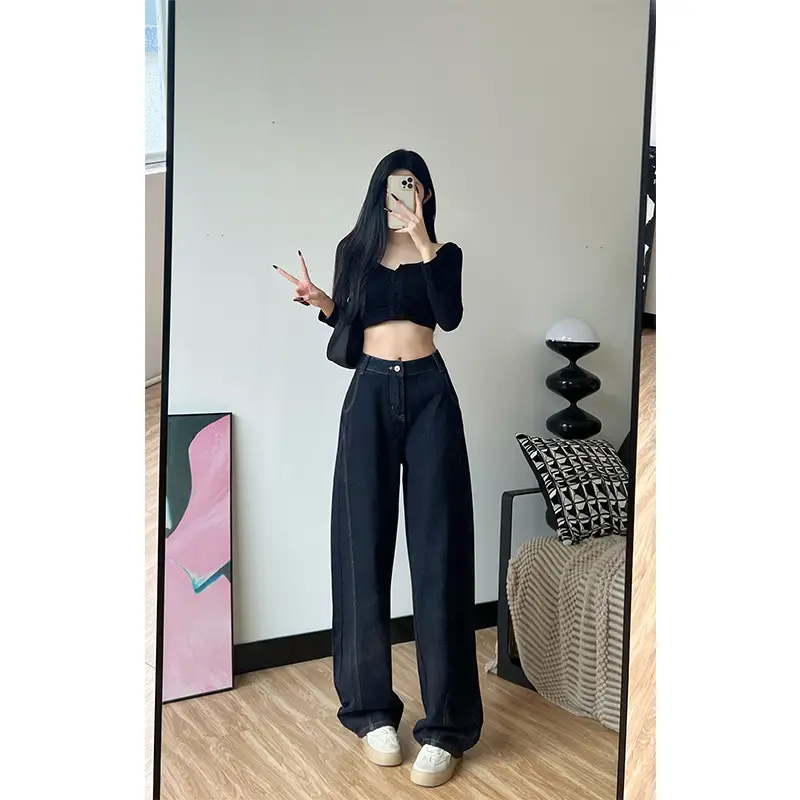 Dark Blue Fleece High Waist Loose Jeans for Tall Women