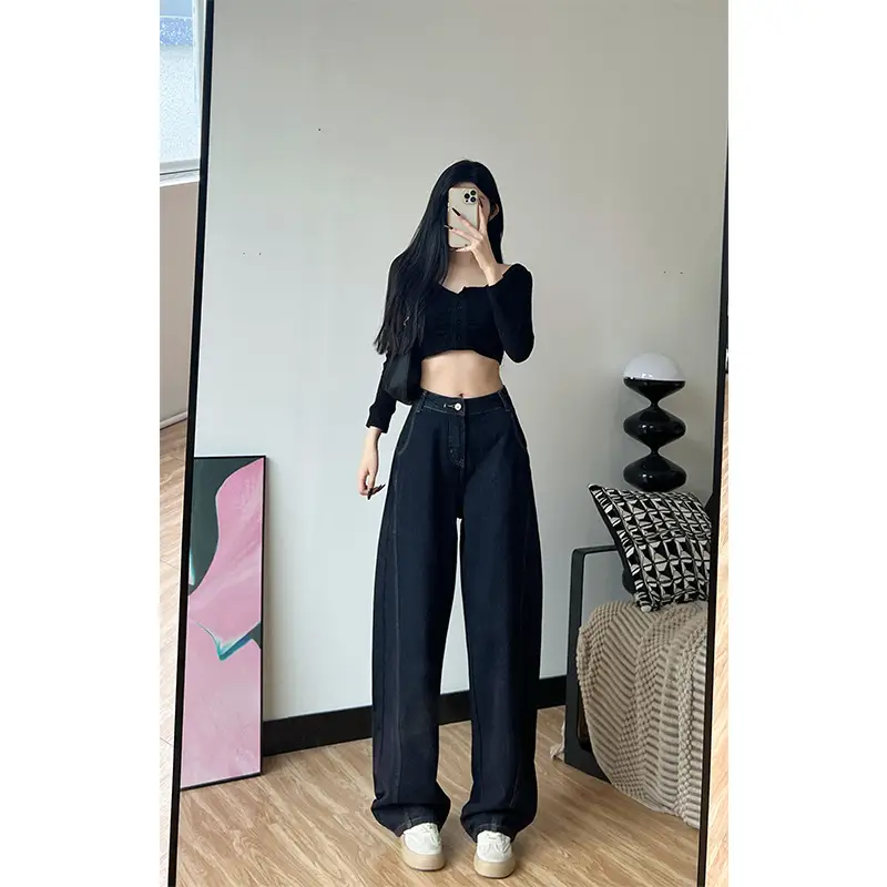 Dark Blue Fleece High Waist Loose Jeans for Tall Women