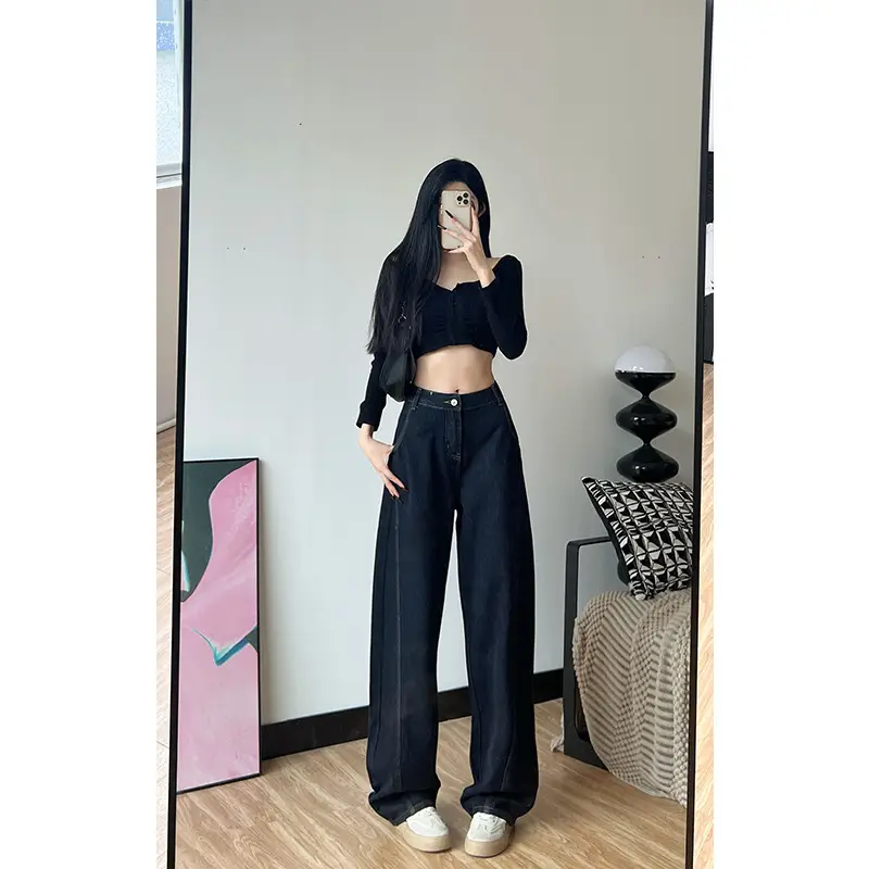 Dark Blue Fleece High Waist Loose Jeans for Tall Women