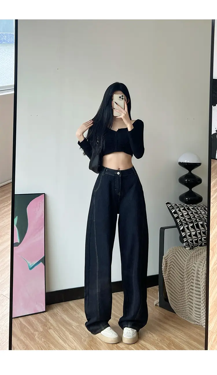 Dark Blue Fleece High Waist Loose Jeans for Tall Women — feature 12