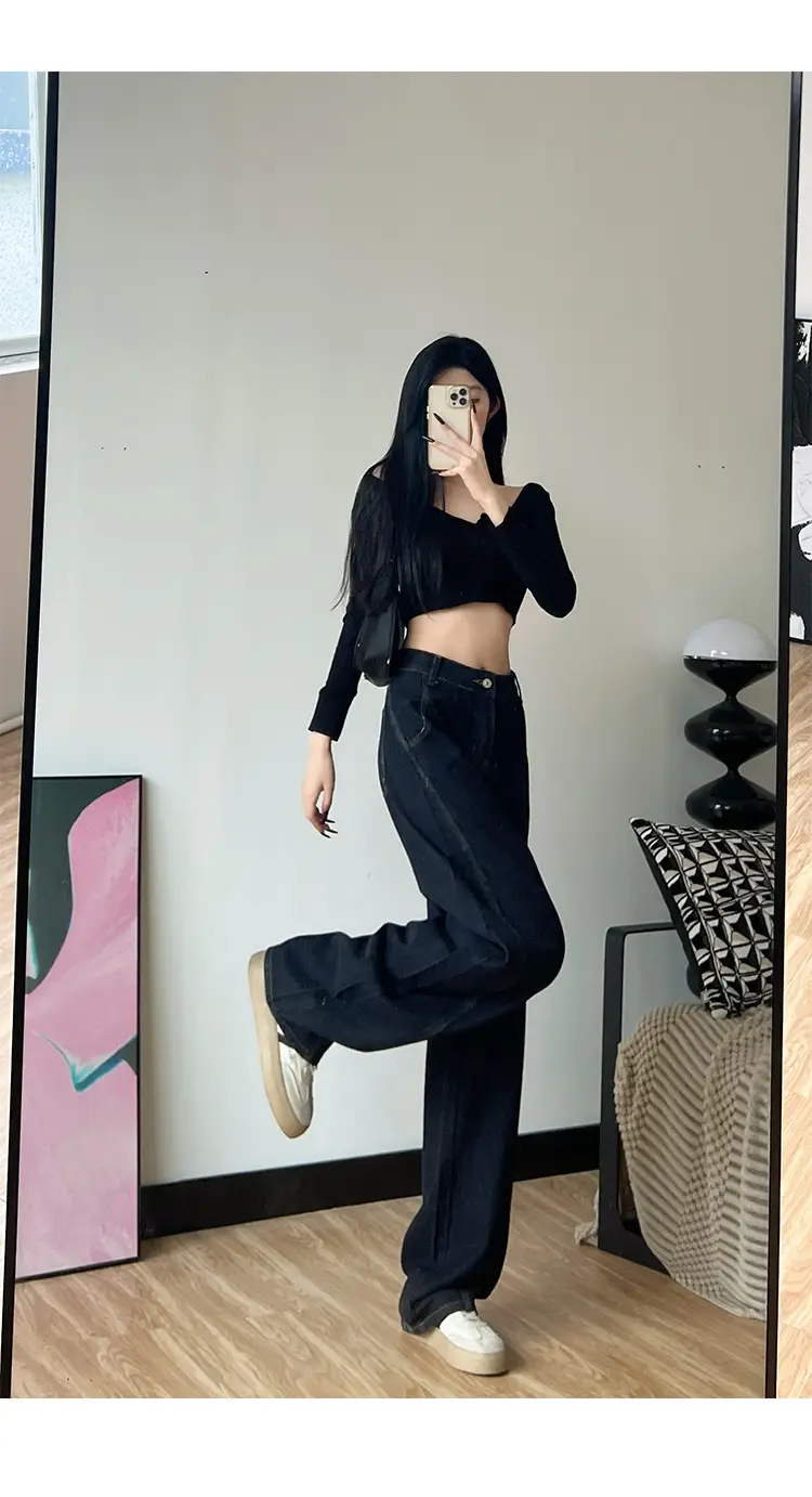Dark Blue Fleece High Waist Loose Jeans for Tall Women — feature 13