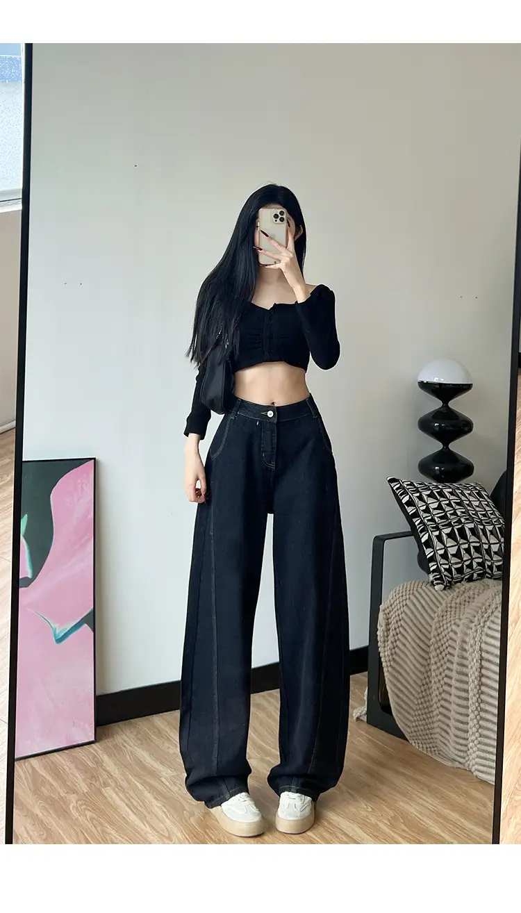 Dark Blue Fleece High Waist Loose Jeans for Tall Women — feature 9