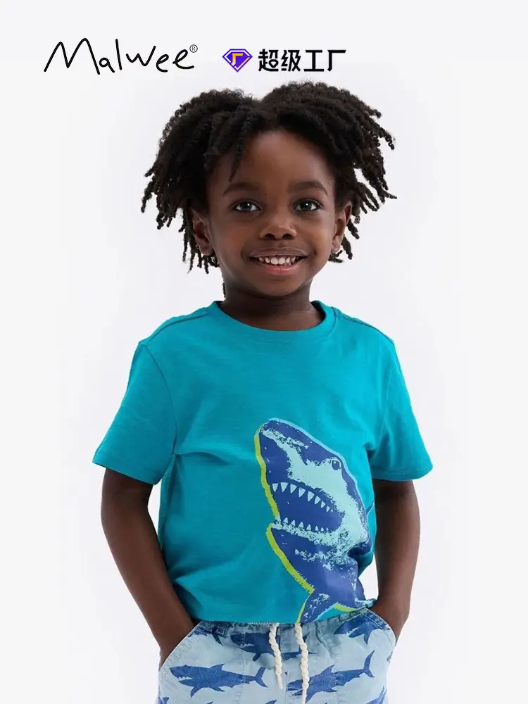 Kids Shark Print T-Shirt Blue Summer Casual Top