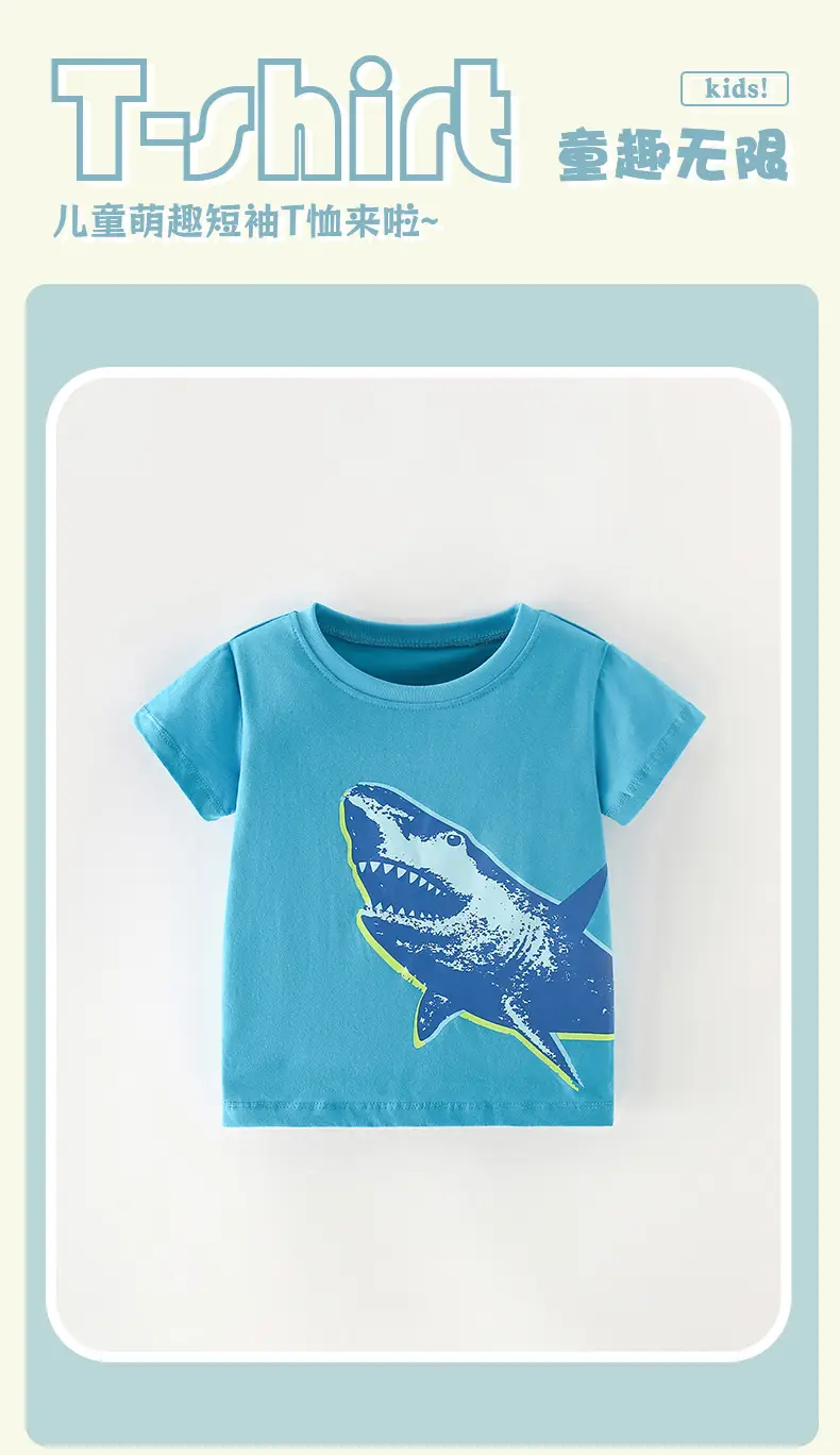 Kids Shark Print T-Shirt Blue Summer Casual Top — feature 2