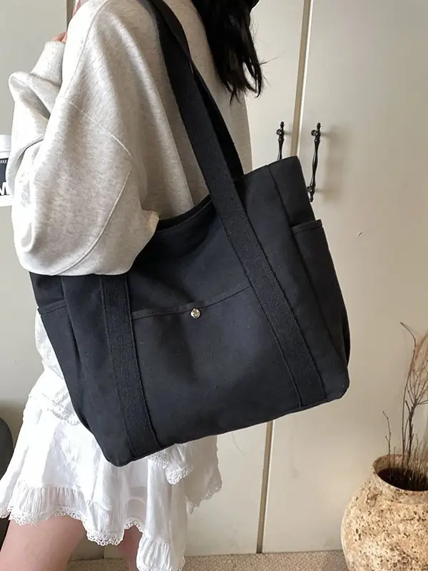 Women's Black Canvas Tote Bag Large Capacity 2025 - Image 4