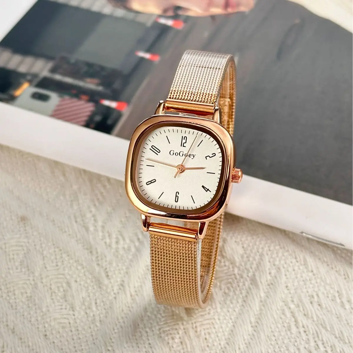 Rose Gold Square Watch with Mesh Band for Girls