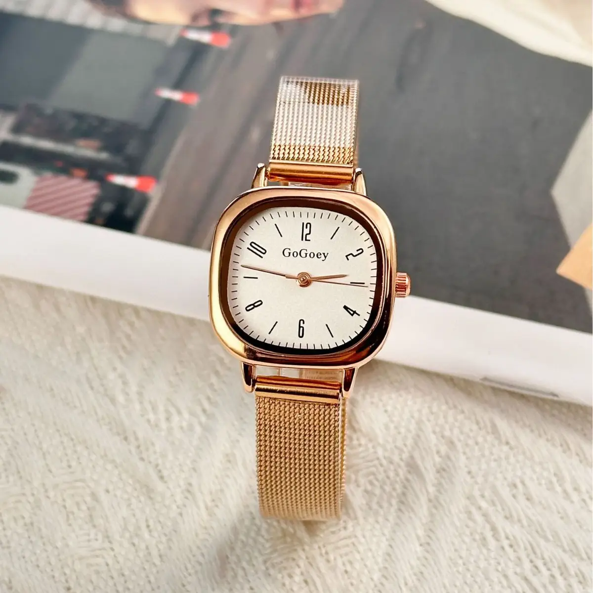Rose Gold Square Watch with Mesh Band for Girls