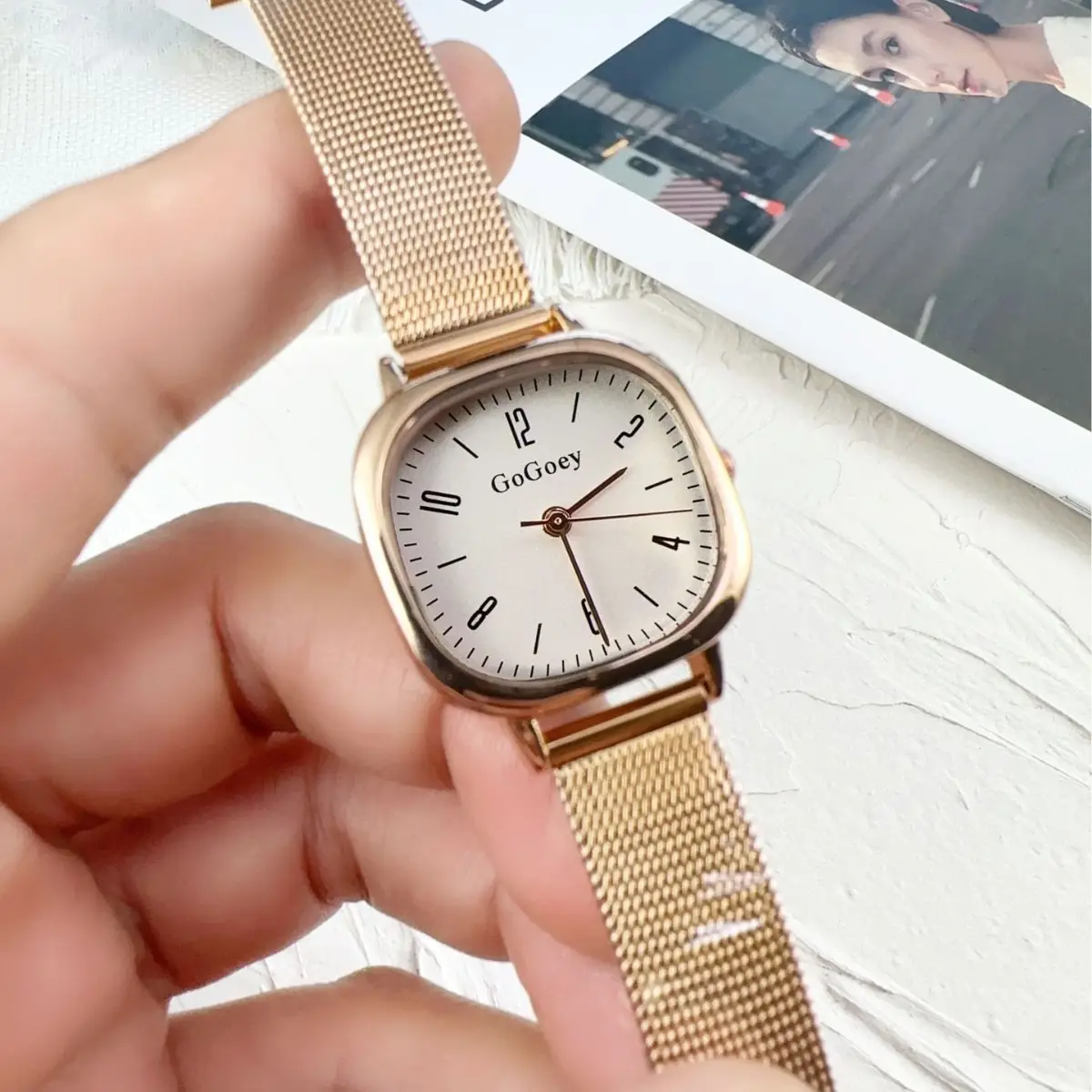 Rose Gold Square Watch with Mesh Band for Girls